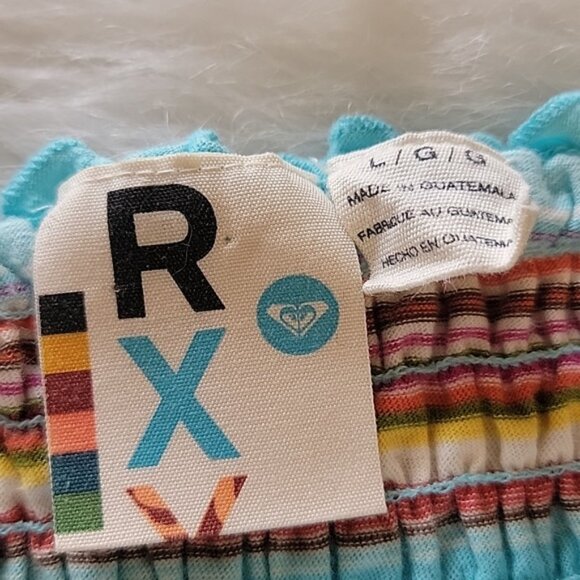 ROXY Retro Boho Aqua Striped Smocked Flowy Sleeveless Baby Doll Summer Top Sz L - Picture 4 of 9